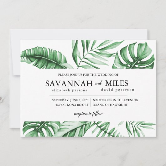 Tropische groene palmblad rand trouwkaart kaart (Voorkant)