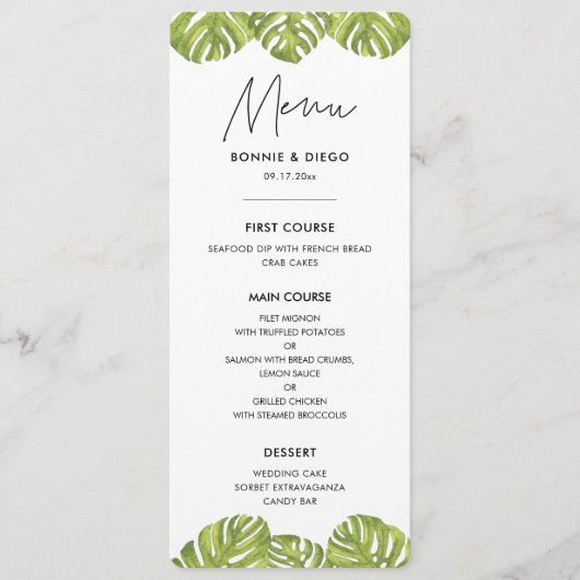 Tropische groene palmbladeren bruiloft menu (Voorkant)