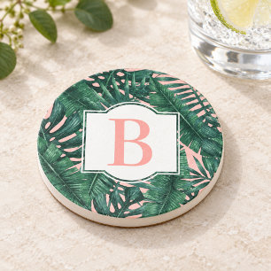 Tropische groene palmbladeren koraal monogram zandsteen onderzetter