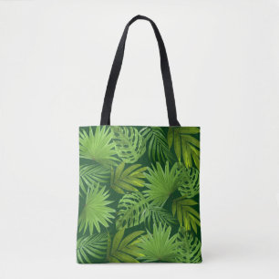 Tropische groene palmbladeren op bosgroen tote bag