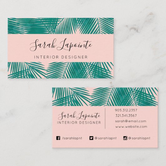 Tropische groene palmbladeren trendy design op roz visitekaartje (Voorkant / Achterkant)