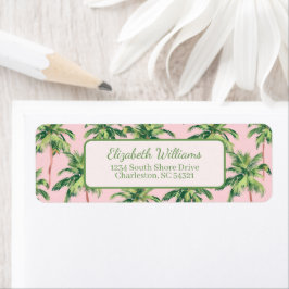 Tropische groene palmbomen op roze retouradres etiket