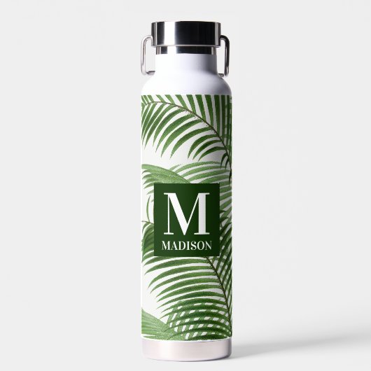 Tropische groene palmboom monogram waterfles (Voorkant)