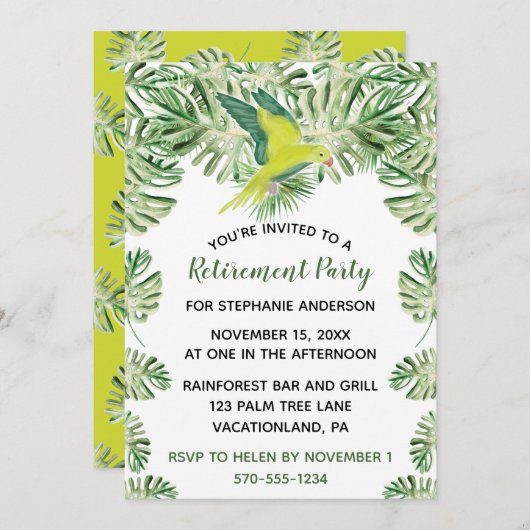 Tropische groene papegaai en verlofpartij kaart (Voorkant / Achterkant)