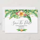 Tropische groene strandstralen frangipani save the date (Voorkant)