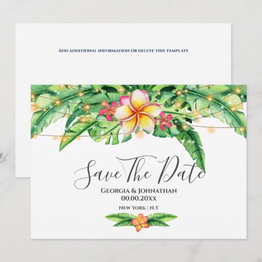 Tropische groene strandstralen frangipani save the date (Voorkant / Achterkant)