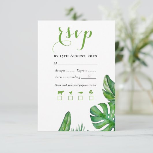 Tropische groene Waterverf Monstera Leaves RSVP Kaartje (Staand voorkant)