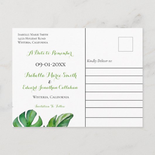 Tropische groene Waterverf Monstera slaat de datum Briefkaart (Achterkant)