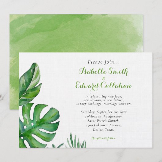 Tropische groene Waterverf palm Leaves Wedding Kaart (Voorkant / Achterkant)