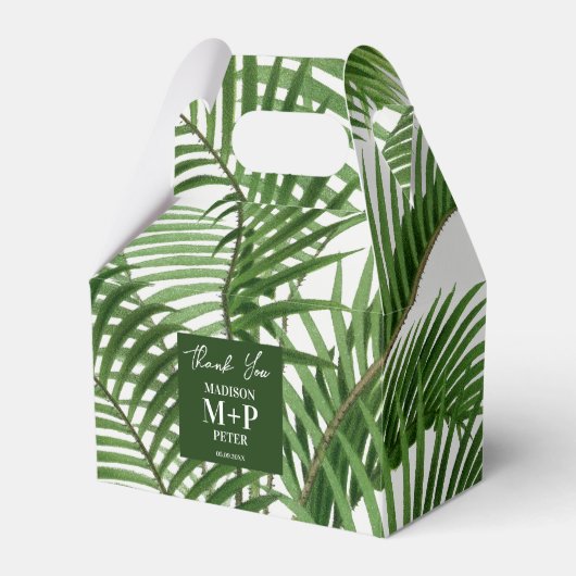 Tropische groene waterverf palmboom monogram bedankdoosjes (Voorkant Zijde)