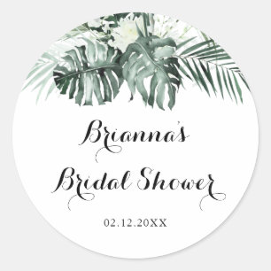 Tropische groene witte bloem bruidsbruiloft favori ronde sticker