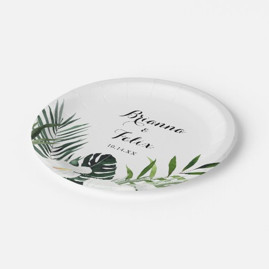 Tropische groene witte bloem bruiloftstaart papieren bordje (Gekanteld)