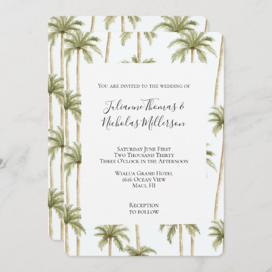 Tropische groene witte palmbomen bruiloft kaart (Voorkant / Achterkant)