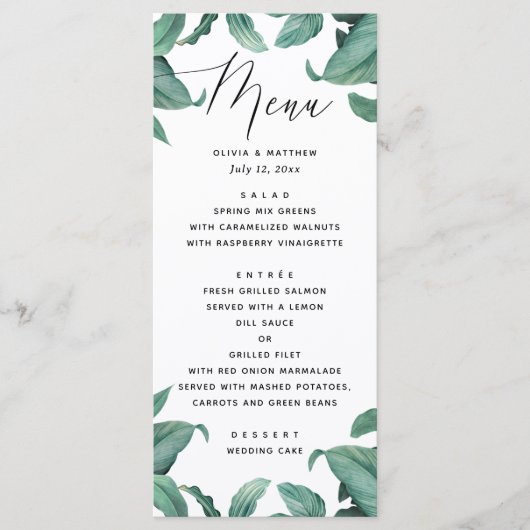 Tropische groenery bruiloft. Waterverf botanisch Menu (Voorkant)