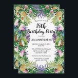 Tropische Groenery Summer 18th Birthday Party Kaart<br><div class="desc">Bereid je voor op een reis naar de tropen met deze fruitige, tropische vormgeving voor de 18e verjaardag of personaliseer je voor elke leeftijd. Kenmerkt een verscheidenheid aan tropische vruchten, zoals coconuten, ananas, kiwi en avocado's met een roze jukroze meloen die goed worden ingelegd. Duw en prachtige grijze omheiningen samen...</div>