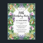 Tropische Groenery Summer 18th Birthday Party Uitnodiging Briefkaart<br><div class="desc">Bereid je voor op een reis naar de tropen met deze fruitige, tropische vormgeving voor de 18e verjaardag of personaliseer je voor elke leeftijd. Kenmerkt een verscheidenheid aan tropische vruchten, zoals coconuten, ananas, kiwi en avocado's met een roze jukroze meloen die goed worden ingelegd. Duw en prachtige grijze omheiningen samen...</div>
