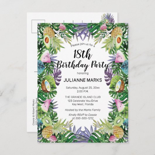 Tropische Groenery Summer 18th Birthday Party Uitnodiging Briefkaart (Voorkant / Achterkant)