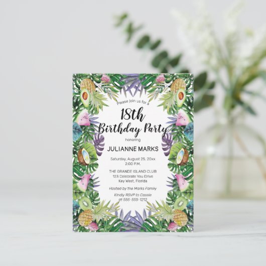 Tropische Groenery Summer 18th Birthday Party Uitnodiging Briefkaart (Staand voorkant)