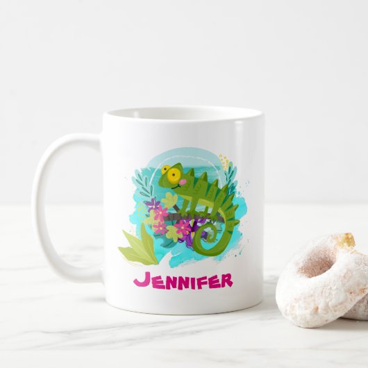 Tropische hagedis met bloemen gepersonaliseerd koffiemok (Met donut)