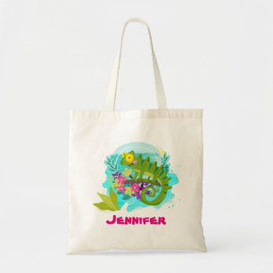Tropische hagedis met bloemen gepersonaliseerd tote bag