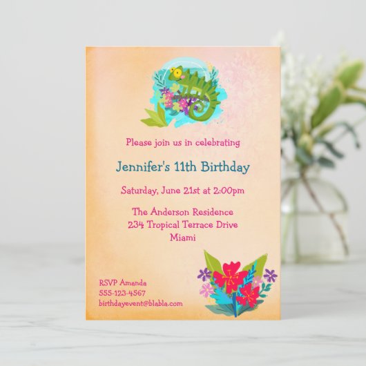 Tropische hagedis met bloemen Luau Verjaardag Uitn Kaart (Staand voorkant)