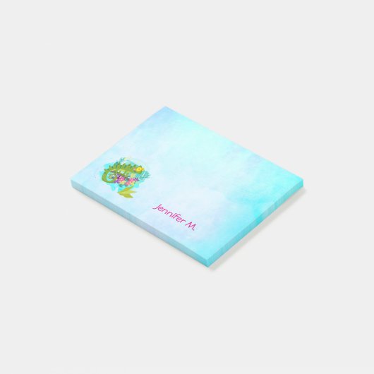 Tropische hagedis met bloemen op Turquoise Blue Post-it® Notes (Schuin)