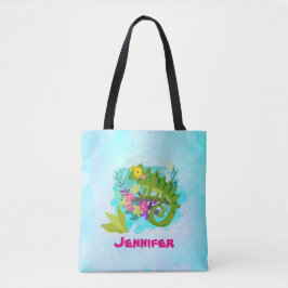 Tropische hagedis met bloemen op Turquoise Blue Tote Bag