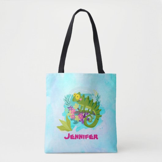 Tropische hagedis met bloemen op Turquoise Blue Tote Bag (Voorkant)