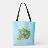 Tropische hagedis met bloemen op Turquoise Blue Tote Bag (Achterkant)
