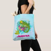 Tropische hagedis met bloemen op Turquoise Blue Tote Bag (Dichtbij)