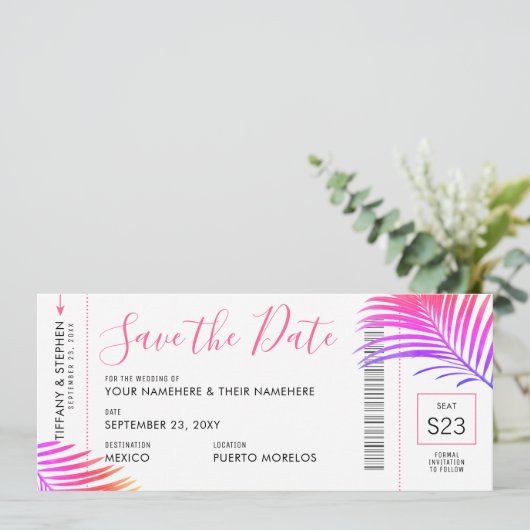 Tropische handpalm Bright Boarding Pass Save Date Aankondiging (Staand voorkant)