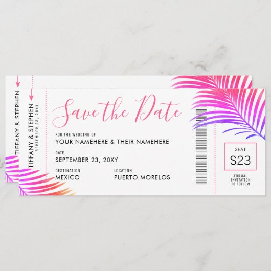 Tropische handpalm Bright Boarding Pass Save Date Aankondiging (Voorkant / Achterkant)