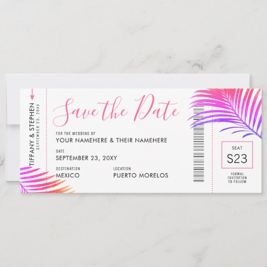 Tropische handpalm Bright Boarding Pass Save Date  Aankondiging (Voorkant)