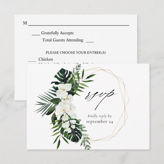 Tropische handpalm en witte Floral met gemiddelde  RSVP Kaartje (Voorkant / Achterkant)