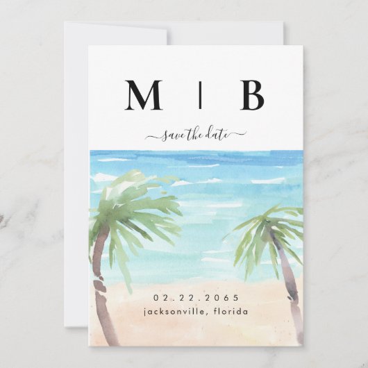 Tropische handpalmen en doorsnee Initialen bruilof Save The Date (Voorkant)