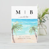 Tropische handpalmen en doorsnee Initialen bruilof Save The Date (Staand voorkant)