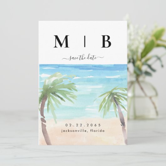 Tropische handpalmen en doorsnee Initialen bruilof Save The Date (Staand voorkant)