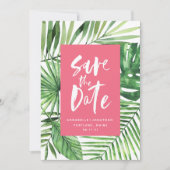 Tropische handpalmen en draaiende waterverf roze save the date (Voorkant)