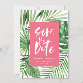 Tropische handpalmen en draaiende waterverf roze save the date