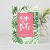 Tropische handpalmen en draaiende waterverf roze save the date (Staand voorkant)
