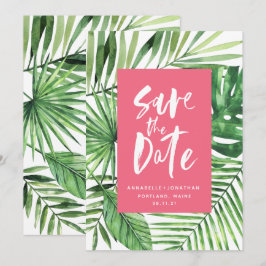 Tropische handpalmen en draaiende waterverf roze save the date