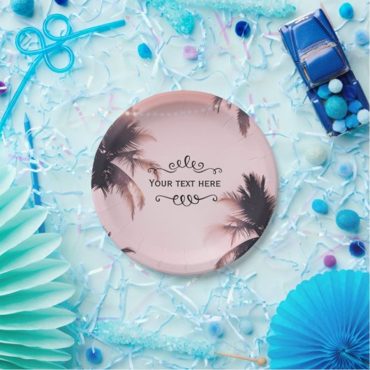 Tropische handpalmen en lichtroze beugel papieren bordje (Feest)