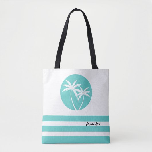 Tropische handpalmen en strepen met naam tote bag (Voorkant)