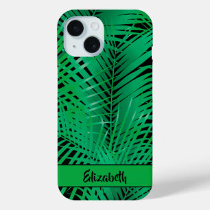 Tropische handpalmen op zwarte persoonlijke naam iPhone 15 case