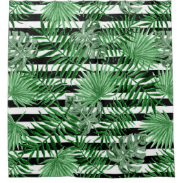 Tropische handpalmen zwart-wit strippatroon douchegordijn