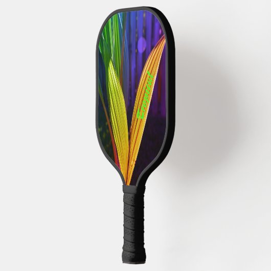 Tropische handpalmvaten helder, kleurrijk, persoon pickleball paddle (Links)