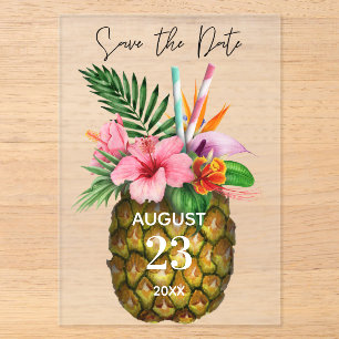 Tropische Hawaiaanse Bloem- en Ananas Save the Dat Acryl Uitnodigingen