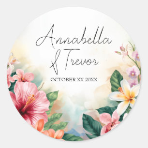 Tropische Hawaïaanse Bloemen Aangepaste Naam Trouw Ronde Sticker