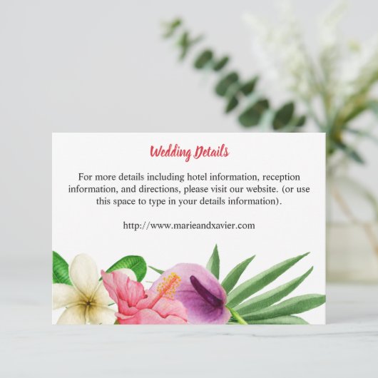 Tropische Hawaïaanse Bloemen Bruiloft Details Informatiekaartje (Staand voorkant)