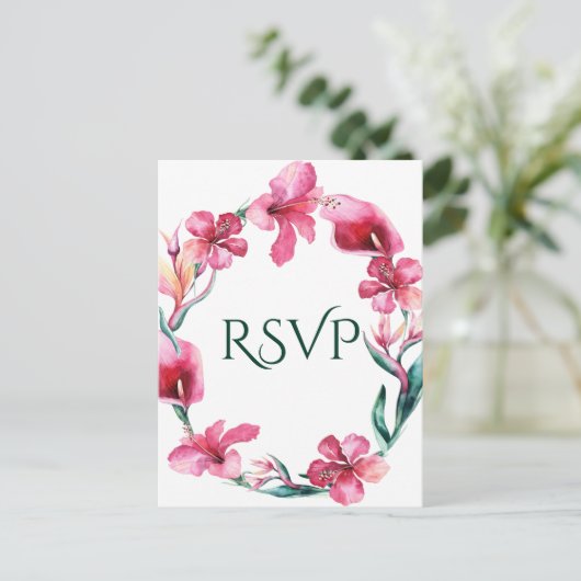 Tropische Hawaiaanse Bloemen Elegante Trouw-RSvp Uitnodiging Briefkaart (Staand voorkant)